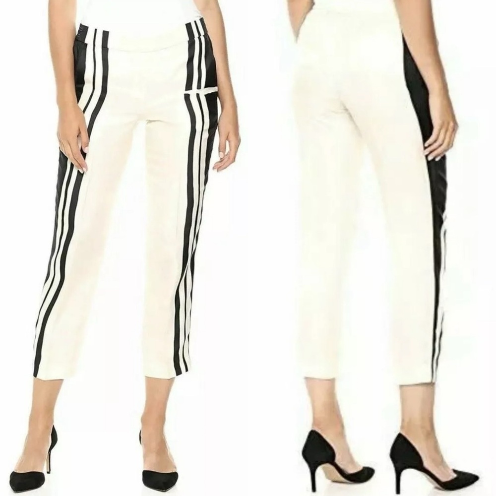 Theory 100% Silk Black Ecru Straight Leg Elastic Waist Pants Pull On Pockets 4‎